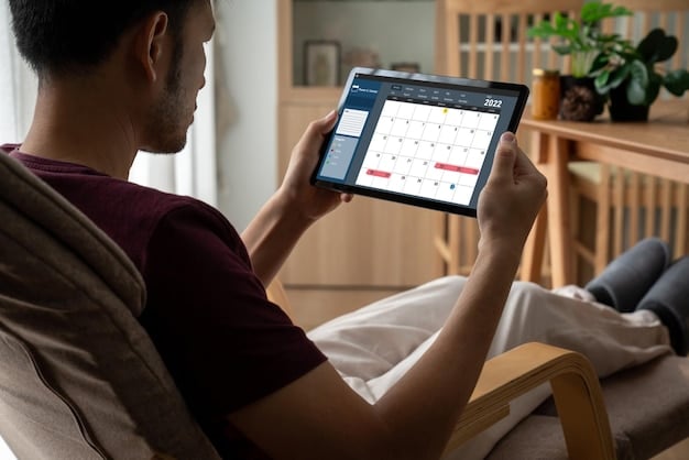 A person using a digital calendar on a tablet to schedule their day, highlighting the importance of planning and time management for personal well-being. They are seated comfortably in a bright, modern workspace with a cup of coffee nearby.