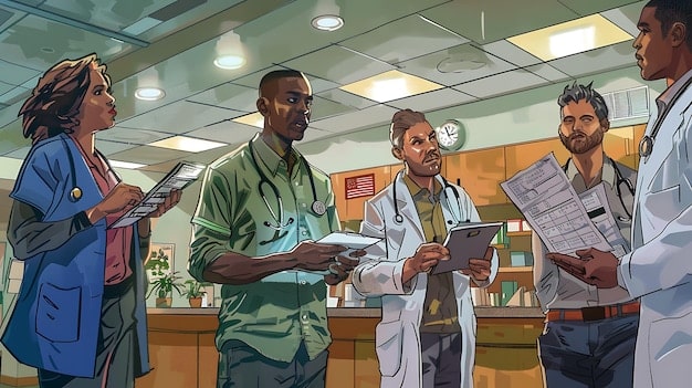 An illustration depicting a group of diverse individuals consulting with a healthcare professional. The setting is a modern doctor's office, emphasizing the importance of seeking expert advice before starting any dietary changes, including intermittent fasting.