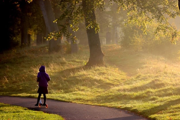 A person running on a tree-lined path in a park during a sunny morning, conveying a sense of freedom and energy through outdoor exercise.