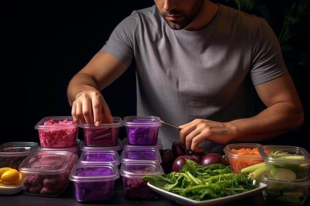 A person efficiently chopping vegetables using a food processor, with various containers nearby ready to store the prepped ingredients. The scene emphasizes speed and organization.