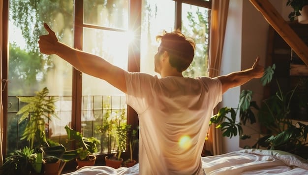 A person waking up naturally to sunlight in their bedroom, looking refreshed and energized, emphasizing the importance of a consistent wake-up time.