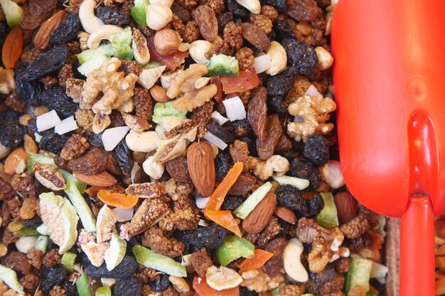 A close-up shot of a colorful and nutritious trail mix blend, featuring almonds, walnuts, dried cranberries, pumpkin seeds, and dark chocolate chips. The ingredients are arranged artfully in a small bowl.