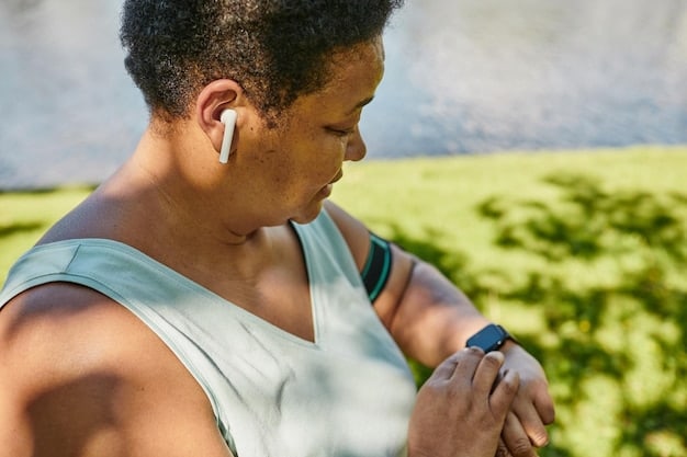 A person is using a fitness tracker to monitor their steps during a walk. The focus is on the technology and the data it provides, highlighting the tracking and measurement aspect of walking for health. The person is in a natural setting, suggesting an outdoor workout.