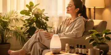 Woman enjoying aromatherapy for stress relief with essential oil diffuser in a calm room.