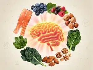 Illustration of a healthy brain surrounded by nutrient-rich foods essential for cognitive function in US adults.