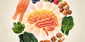 Illustration of a healthy brain surrounded by nutrient-rich foods essential for cognitive function in US adults.