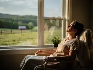 Person taking a deep breath, finding calm amidst emotional overwhelm in a peaceful US setting