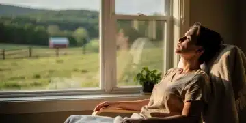 Person taking a deep breath, finding calm amidst emotional overwhelm in a peaceful US setting