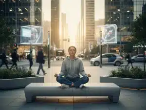 Person meditating calmly in urban setting, symbolizing emotional regulation and stress management in 2026 US.