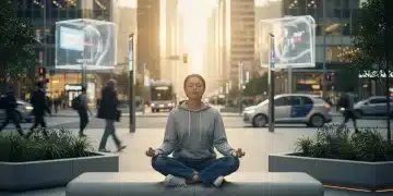 Person meditating calmly in urban setting, symbolizing emotional regulation and stress management in 2026 US.