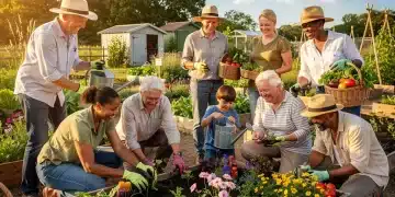 Diverse community members actively gardening, fostering connection and shared purpose