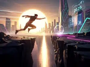 Dynamic individual leaping towards a goal, symbolizing boosted motivation and future success in 2026