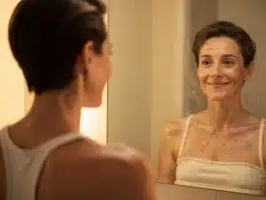 A person confidently embracing their reflection, symbolizing reduced self-doubt and self-acceptance.
