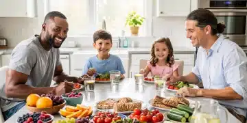 Diverse US family enjoying a healthy, colorful meal in 2026 kitchen