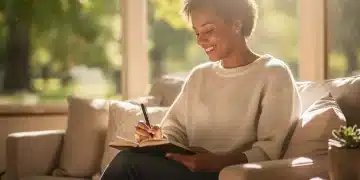 Woman peacefully writing in a gratitude journal, enhancing emotional well-being in the US.