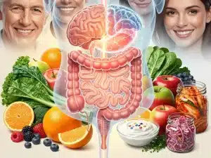 Illustration of gut-brain axis with healthy foods and serene faces, symbolizing the gut health and mood connection.