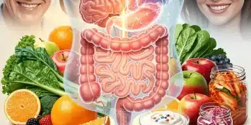 Illustration of gut-brain axis with healthy foods and serene faces, symbolizing the gut health and mood connection.