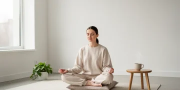 Person meditating peacefully in a minimalist room with affordable self-care items