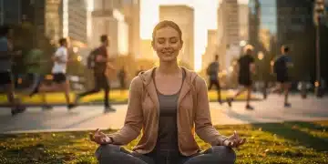Woman meditating in a city park at sunrise for emotional balance