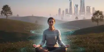 Person meditating in nature, symbolizing digital well-being and reduced screen time for mental clarity in 2026