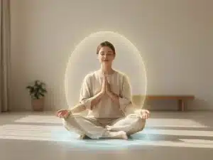 Person meditating, surrounded by a subtle protective energy field, representing healthy boundaries and self-care.