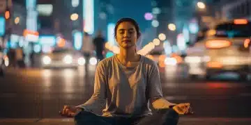 Serene individual meditating in an urban setting, symbolizing emotional resilience amidst US societal pressures.