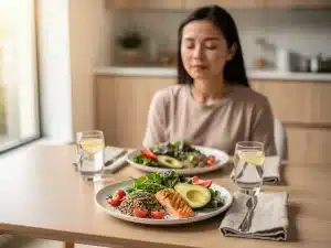Person practicing mindful eating with a healthy meal in 2026