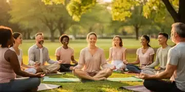 Diverse US adults meditating outdoors, finding peace and reducing anxiety with mindfulness.