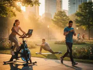 Diverse people embracing modern fitness trends with technology and outdoor activities.