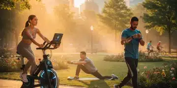 Diverse people embracing modern fitness trends with technology and outdoor activities.
