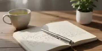 Open journal with pen, tea, and plant for mental clarity