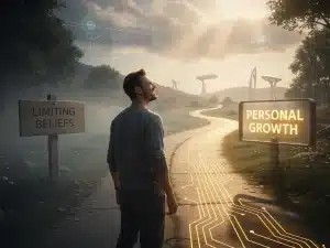 Person moving from limiting beliefs towards personal growth on a brightly lit path