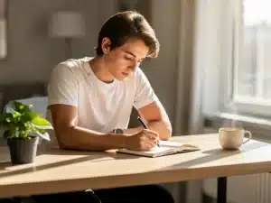 Person writing in a journal, demonstrating focus and discipline for personal growth.