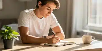 Person writing in a journal, demonstrating focus and discipline for personal growth.