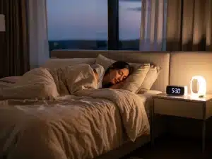 Bedroom at dusk with a person sleeping soundly, smart sleep tech visible
