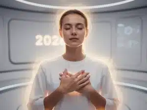 Serene person practicing self-compassion with gentle hands over heart in 2026