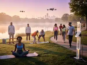 Diverse individuals practicing stress management techniques in a tranquil American setting, 2026