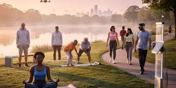 Diverse individuals practicing stress management techniques in a tranquil American setting, 2026
