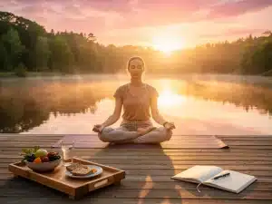 Woman doing sunrise yoga, symbolizing a fresh start to a healthy wellness routine