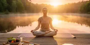 Woman doing sunrise yoga, symbolizing a fresh start to a healthy wellness routine